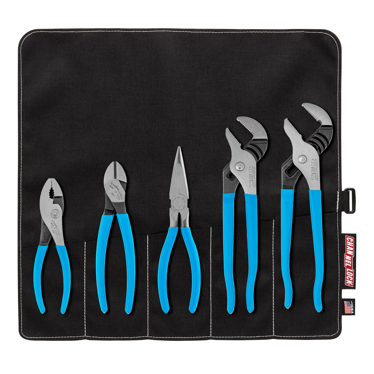 Channellock TOOL ROLL-3 5 Piece Pliers Set|Fast Release Handy Vinyl Pouch Features Long Nose,Diagonal Cutter,Slip Joint,and Tongue and Groove (2) Pliers|Forged from High Carbon Steel|Made in the USA