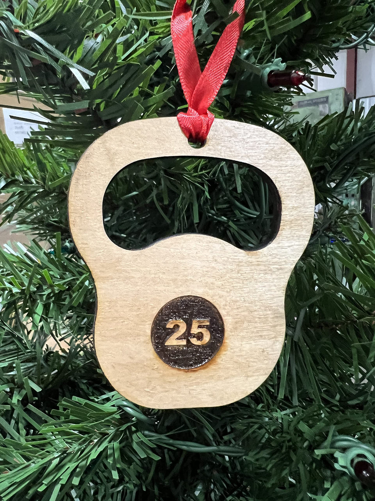 Wooden Weightlifting Christmas Tree Ornament 4 Piece Set, Including Weight Plate, Barbell, Kettlebell, and Dumbbell, Laser Etched, Made in The USA, Weightlifting Gift, Fitness Ornament