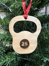Wooden Weightlifting Christmas Tree Ornament 4 Piece Set, Including Weight Plate, Barbell, Kettlebell, and Dumbbell, Laser Etched, Made in The USA, Weightlifting Gift, Fitness Ornament