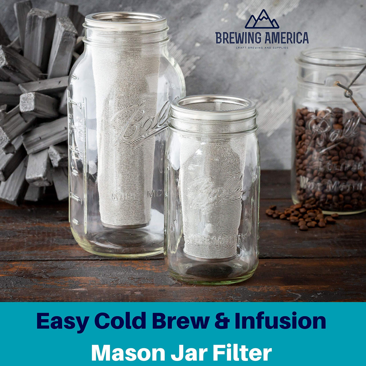 Brewing America Mason Jar Cold Brew Coffee Maker Infuser: Made in USA Wide Mouth Mason Jar with Screw Top Pour and Drinking Lid, Stainless Steel Filter - Coffee, Tea, Alcohol - 2 Quart 64 oz Blue Lid