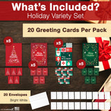 Merry Christmas Cards for Business & Family (Variety Pack 4 Holiday Designs) Greeting Card Set Pack of 20 Holiday Cards with Envelopes (5x7 inch - A7) Office, Work, Employees & Clients VP2405