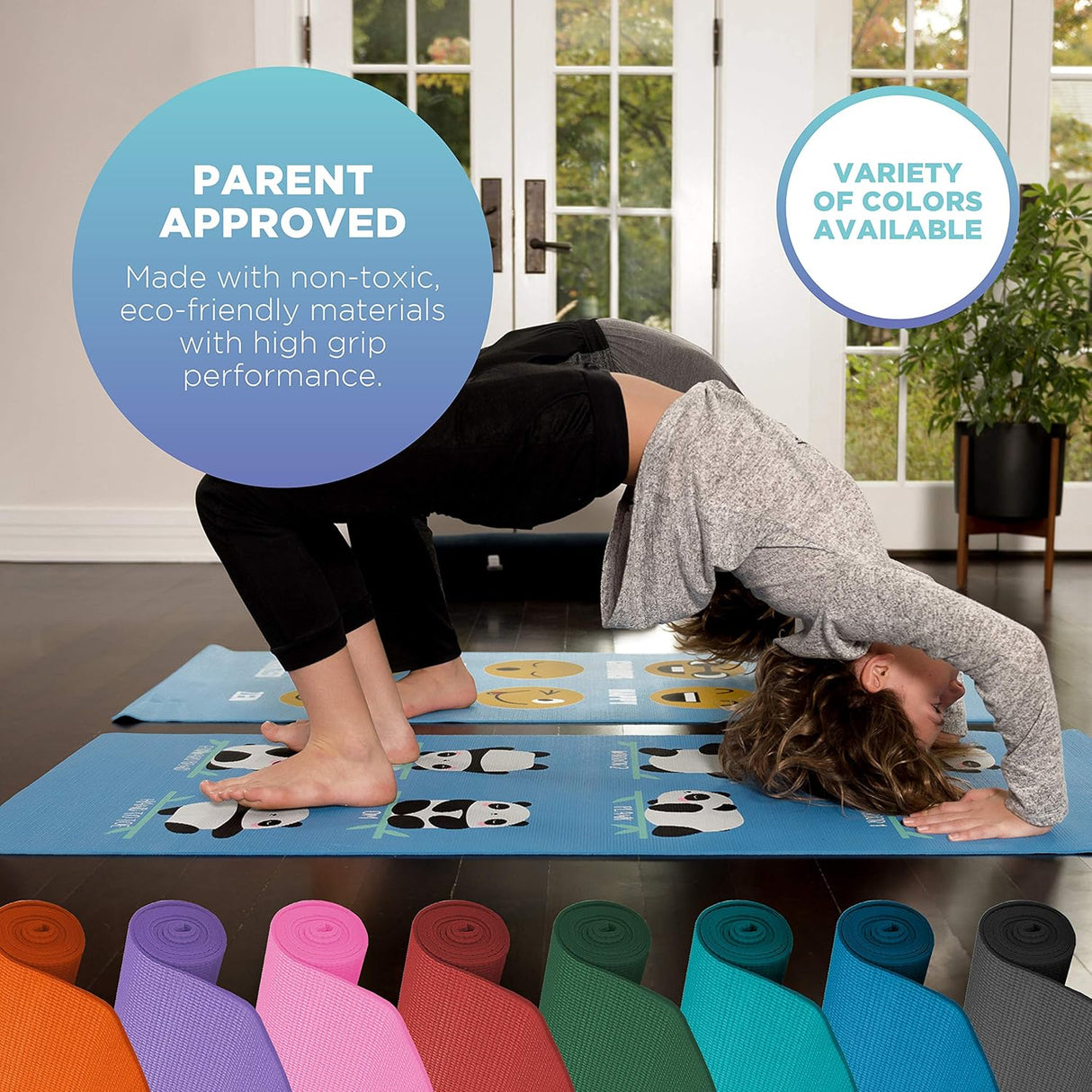 Bean Products Kids Size Sticky Yoga Mat | 3mm Thick (⅛”) x 60” L x 24” W | Non-Toxic, SGS Certified | Non-Skid & Non-Slip Eco-Friendly Exercise or Playtime Mat | Fun Colors & Designs | Panda
