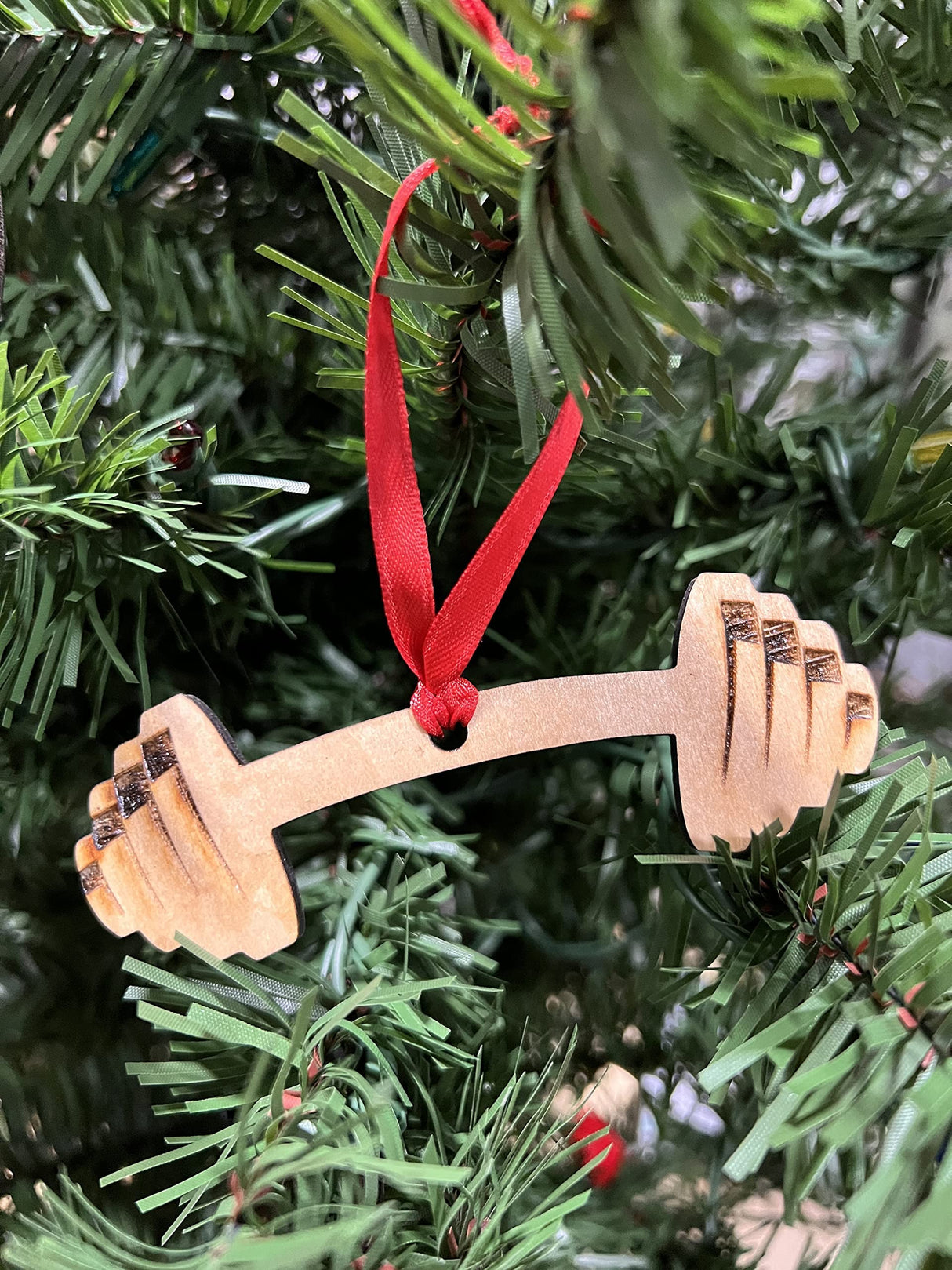 Wooden Weightlifting Christmas Tree Ornament 4 Piece Set, Including Weight Plate, Barbell, Kettlebell, and Dumbbell, Laser Etched, Made in The USA, Weightlifting Gift, Fitness Ornament