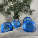 Glass Christmas Tree Ornaments - 67mm/2.625" [4 Pieces] Decorated Balls from Christmas by Krebs Seamless Hanging Holiday Decor (Frost with Blue & Silver Bethlehem Scene)