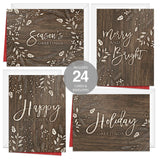 Painted Kraft Style Holiday Cards / 24 Modern Christmas Note Cards With White Envelopes / 4 5/8" x 6 1/4" Illustrated Faux Kraft Greeting Cards / 6 Cheery Winter Designs/Made In The USA