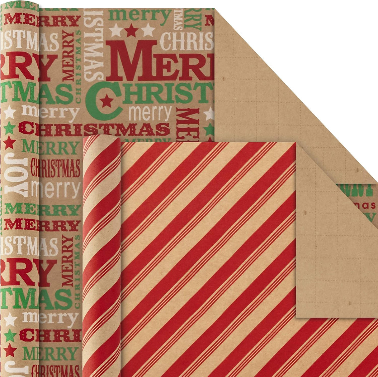 Hallmark Christmas Wrapping Paper Bundle with Cut Lines on Reverse, Kraft (Pack of 4, 88 sq. ft. ttl) Red Trucks, Snowflakes, Stripes, Merry Christmas (5JXW1038)