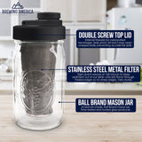 Brewing America Mason Jar Cold Brew Coffee Maker Infuser: Made in USA Wide Mouth Mason Jar with Screw Top Pour and Drinking Lid, Stainless Steel Filter - Coffee, Tea, Alcohol - 2 Quart 64 oz Blue Lid