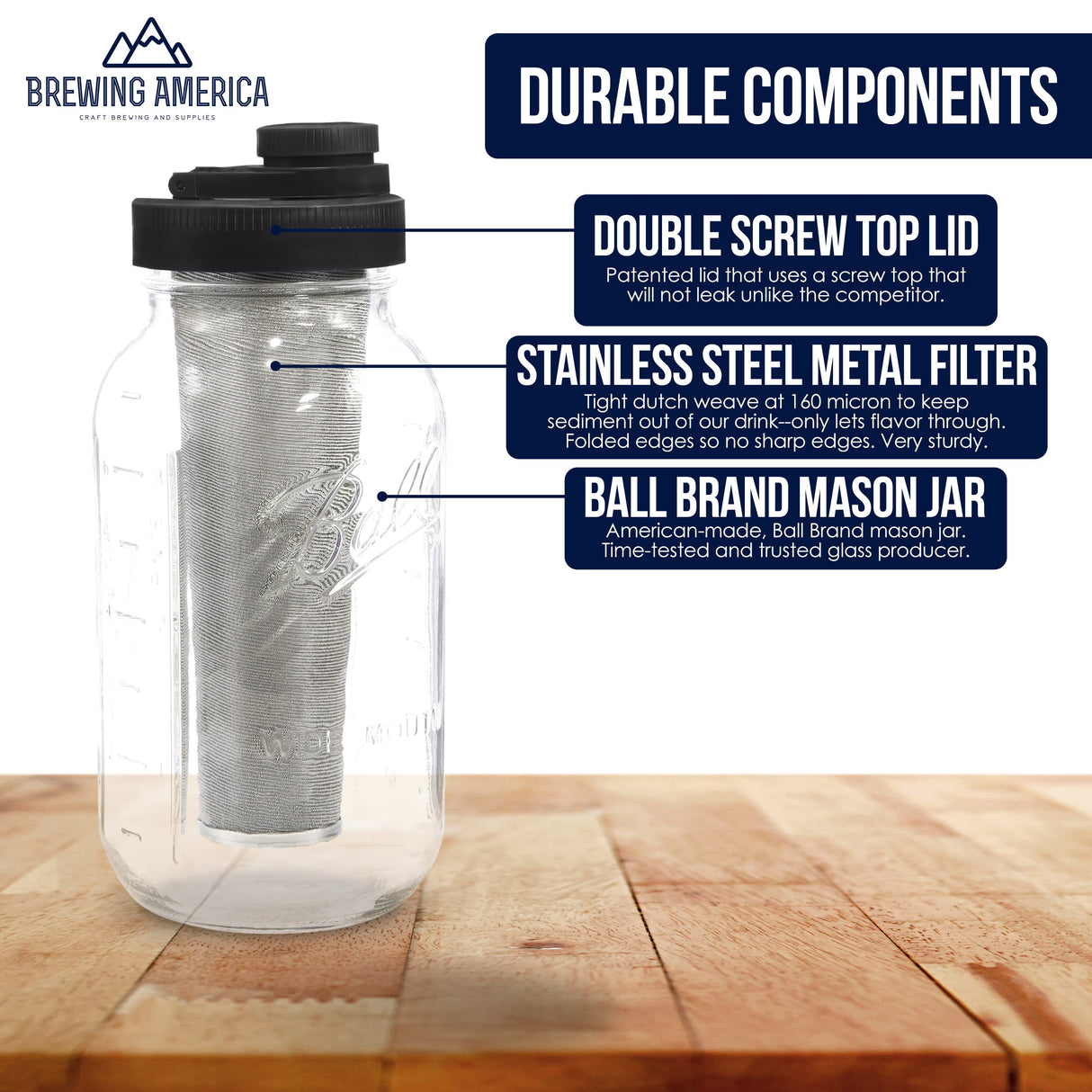 Brewing America Mason Jar Cold Brew Coffee Maker Infuser: Made in USA Wide Mouth Mason Jar with Screw Top Pour and Drinking Lid, Stainless Steel Filter - Coffee, Tea, Alcohol - 2 Quart 64 oz Blue Lid