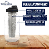 Brewing America Mason Jar Cold Brew Coffee Maker Infuser: Made in USA Wide Mouth Mason Jar with Screw Top Pour and Drinking Lid, Stainless Steel Filter - Coffee, Tea, Alcohol - 2 Quart 64 oz Blue Lid