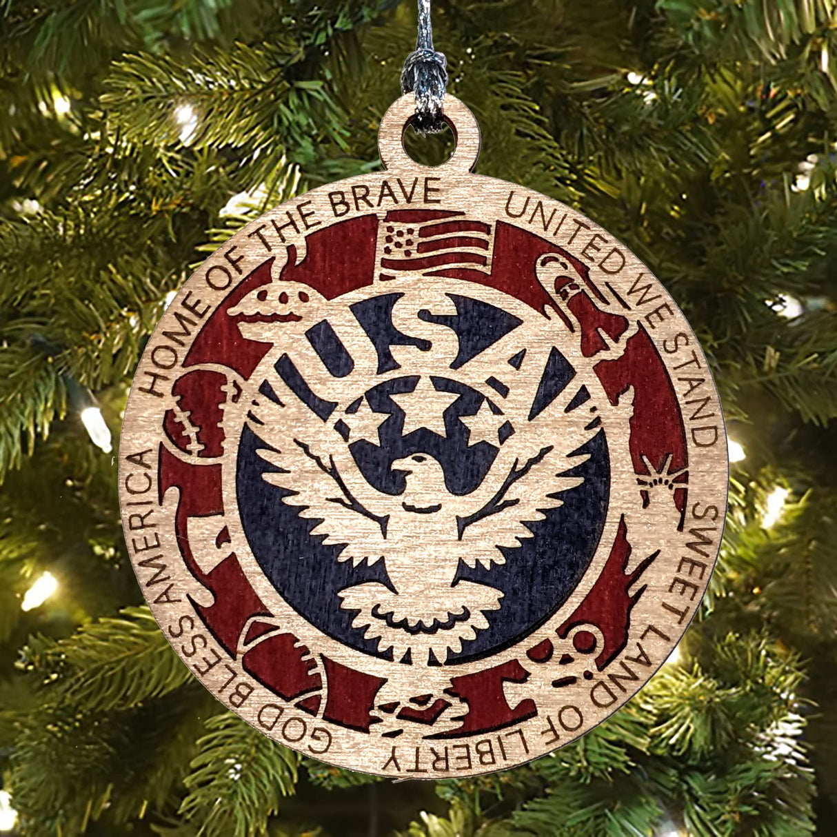 Patriotic USA Christmas Ornament - Handmade Wooden Laser Cut American Symbol Decor, 3" Round, 2 Layer, Made in Oregon