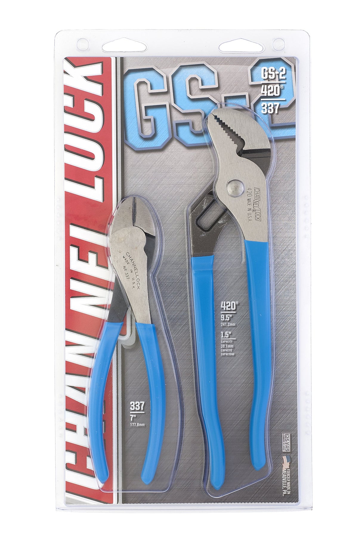 CHANNELLOCK GS-2 Plier Set, 2-Piece | 420 9.5-inch Tongue & Groove Plier with 1-1/2 Jaw Capacity | 337 7-inch XLT High Leverage Diagonal Cutting Pliers | Made in USA, Polished Steel