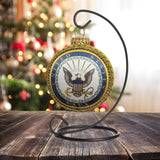 Christmas Tree Ornaments Made in The USA - 80mm / 3.25" Decorated Collectible Glass Balls from Christmas by Krebs - Handmade Hanging Holiday Decorations for Trees (Navy Emblem and Hymn, Silk)