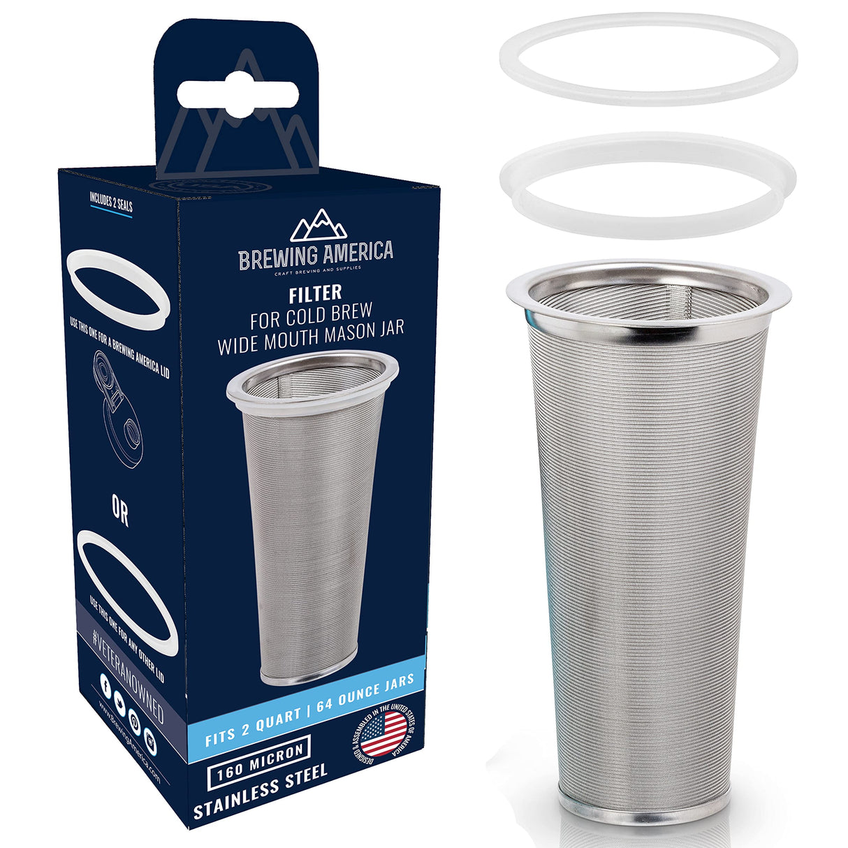 Brewing America Mason Jar Cold Brew Coffee Maker Infuser: Made in USA Wide Mouth Mason Jar with Screw Top Pour and Drinking Lid, Stainless Steel Filter - Coffee, Tea, Alcohol - 2 Quart 64 oz Blue Lid