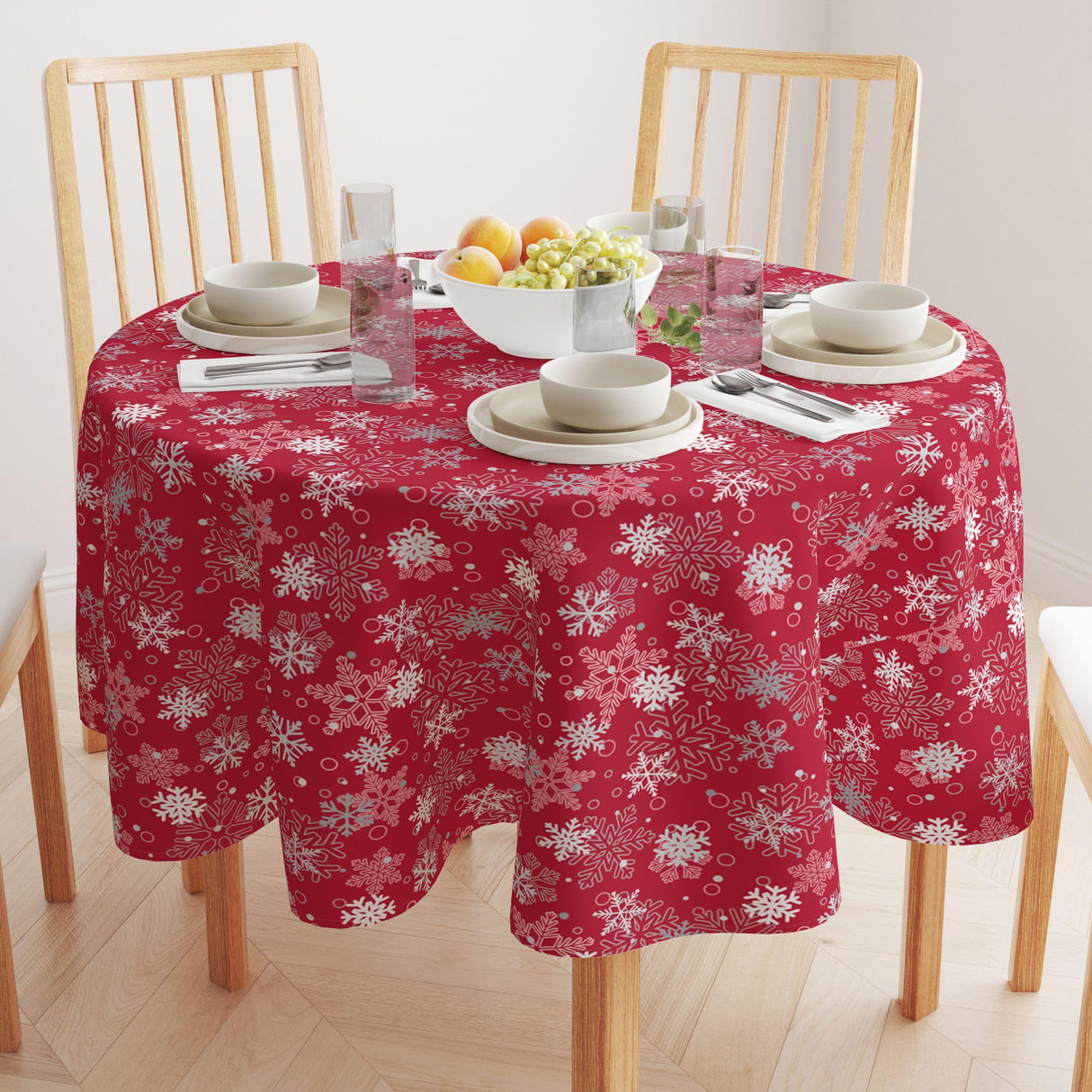 Fabric Textile Products Round Tablecloth, 100% Milliken Polyester, Machine Washable, 90" Round, Red Christmas Reindeer