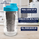 Brewing America Mason Jar Cold Brew Coffee Maker Infuser: Made in USA Wide Mouth Mason Jar with Screw Top Pour and Drinking Lid, Stainless Steel Filter - Coffee, Tea, Alcohol - 2 Quart 64 oz Blue Lid