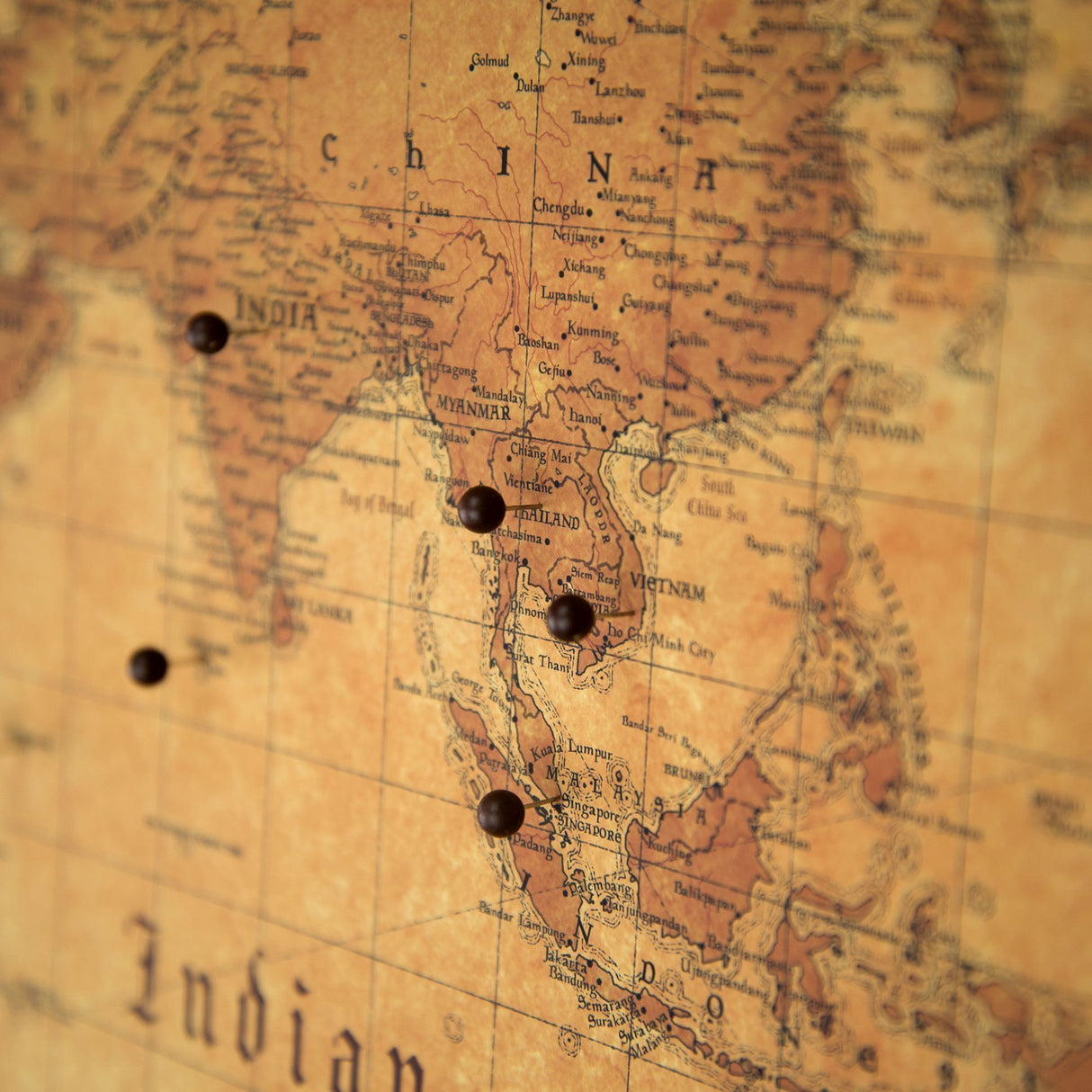 Push Pin World Map Board - With Push Pins to Mark World Travel - Handmade in Ohio, USA - Design: Golden Aged (48" x 32")