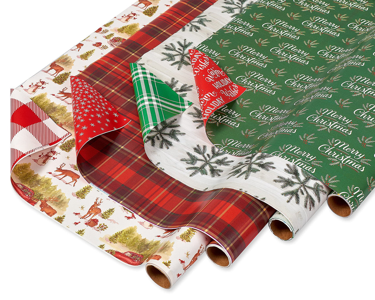 American Greetings 120 sq. ft. Christmas Wrapping Paper Set, Tan, Plaid, Snowman and Christmas Text (4 Rolls 30 in. x 12 ft., 7 Bows, 30 Gift Tags)