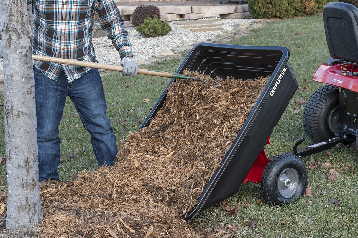 Craftsman CMXGZBF7124489 350 lb Load Capacity, Tow Behind Poly Dump/Swivel Cart, 10 CU FT Capacity; Lawn & Garden Cart/Trailer for Lawn Mowers, Easy to Use Hand Dumping Mechanism